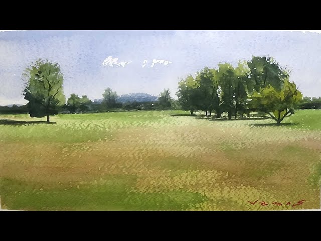 Field with Trees - Aquarelle Painting - Slow Life Art - By Vamos