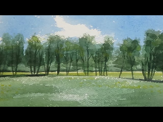 Meadow with Trees Watercolor Painting - By Vamos - Slow Life Art