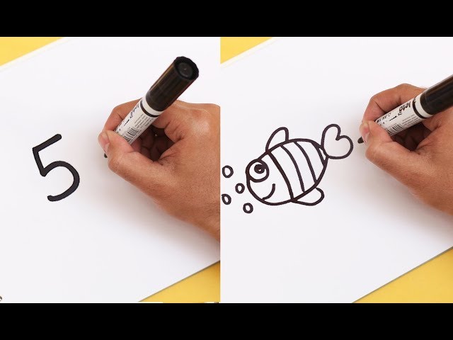 How to turn Numbers 1-5 into the cartoon FISH step by step ! Art game on paper for kid