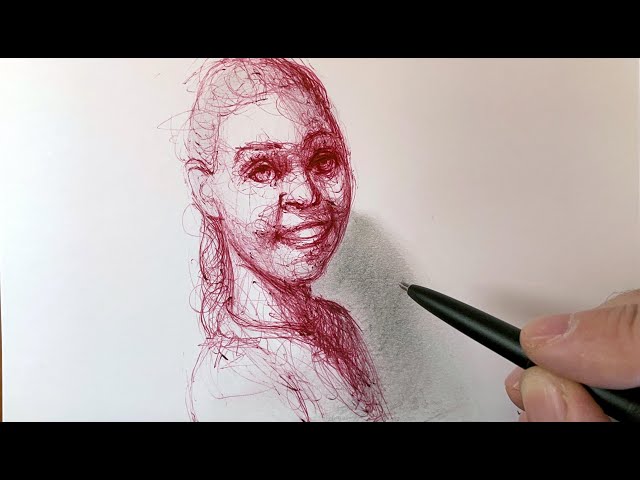 Smiling Girl - Drawing Process with Ballpoint Pen on Paper - 3D Scribble