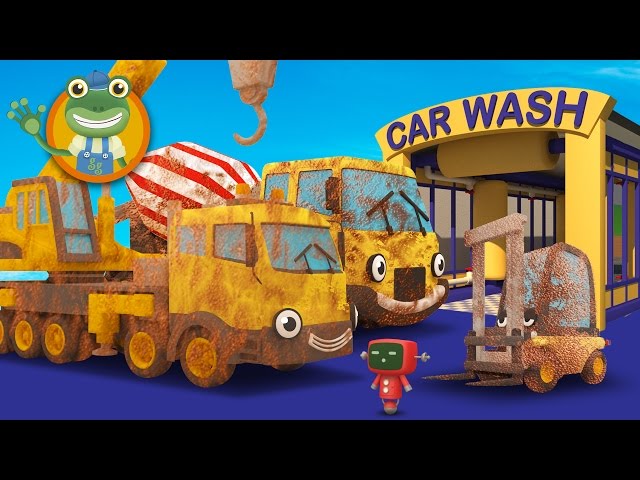 Cleaning Muddy Construction Trucks in the Car Wash with Gecko's Garage | Diggers for Children