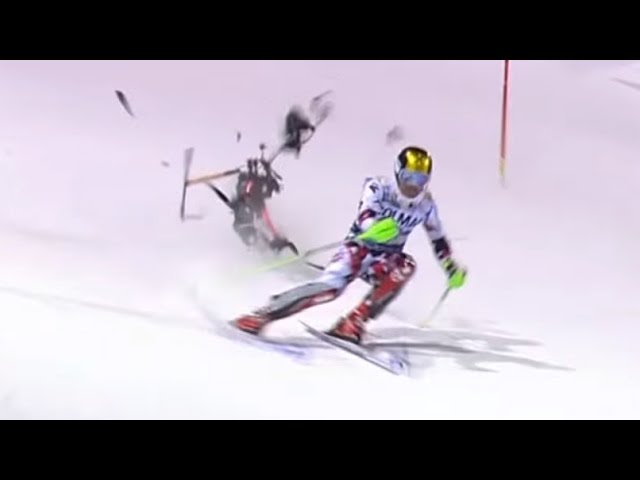 Slalom skier Marcel Hirscher almost hit by big camera drone.