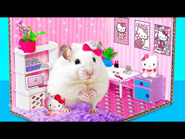Hello Kitty Cardboard Dollhouse! How to Build Luxury Pink Castle for Hamster