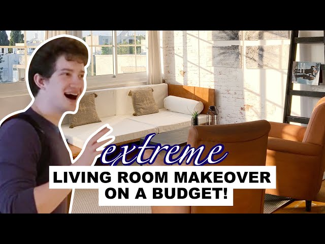 EXTREME LIVING ROOM MAKEOVER ON A BUDGET! / DIY accent wall, DIY couch, DIY art and more