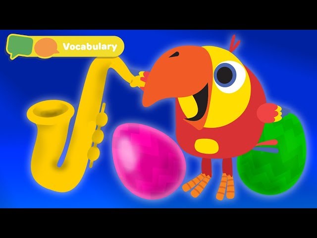 Baby First Words w Larry The Bird - musical instruments  | Toddler Learning Video | First University