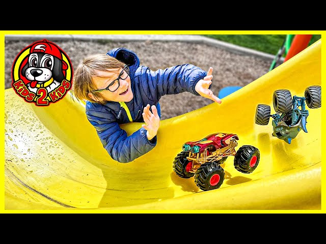 MONSTER TRUCKS PLAY AT THE PARK 🛝 Iron Man & Mohawk Warrior Help Find Baby Megalodon's Mom!