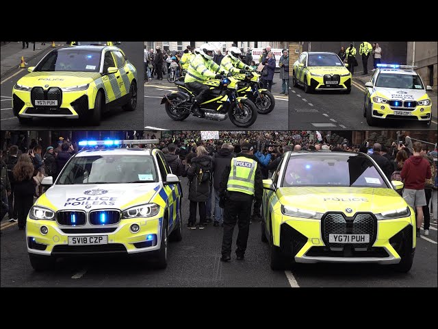 NEW CONCEPT: Electric police car and bikes escort protest during Climate Conference COP26 🌍