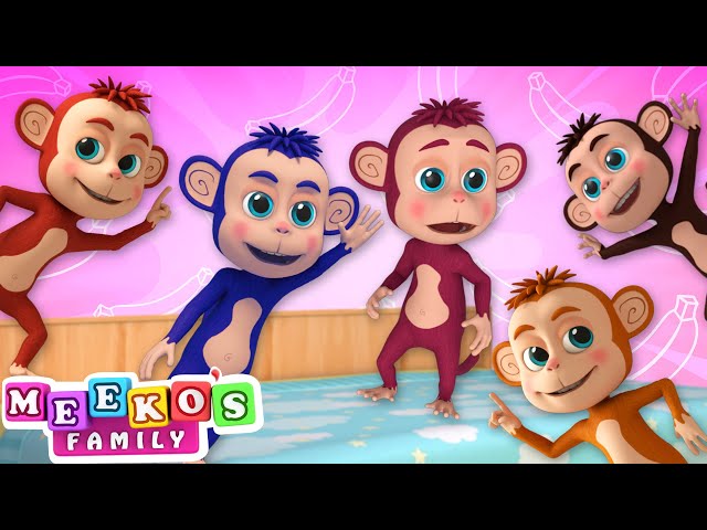 Five Little Monkeys Jumping On The Bed🐒😻 + Animal Nursery Rhymes and Kids Songs | Meeko's Family