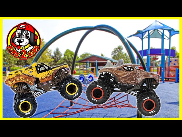 Monster Jam & Hot Wheels Monster Trucks Toys PLAY at the Park, Dinosaur Museum, Zoo & Petting Farm