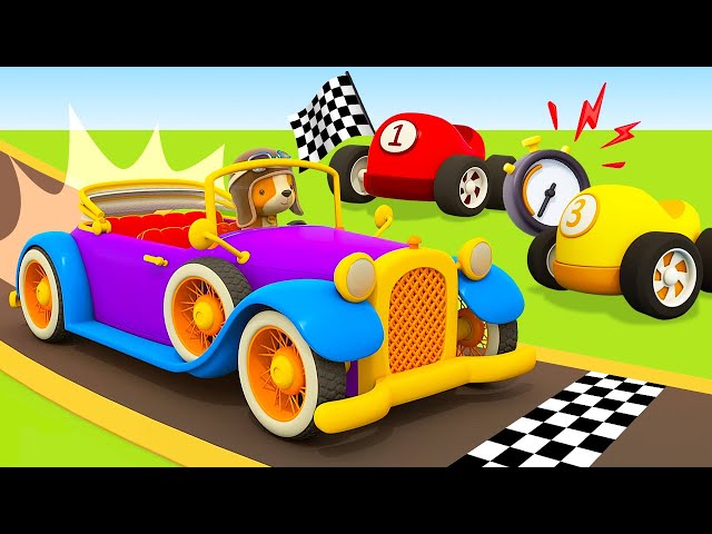 Colored racing cars & the retro car at the double loop. Full episodes. Helper cars cartoons for kids
