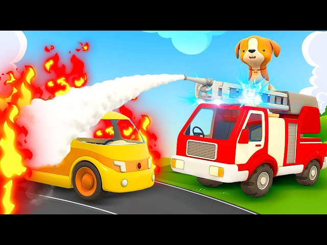 The fire truck saves the broken yellow car for kids. Learn animals & Helper cars cartoons for kids