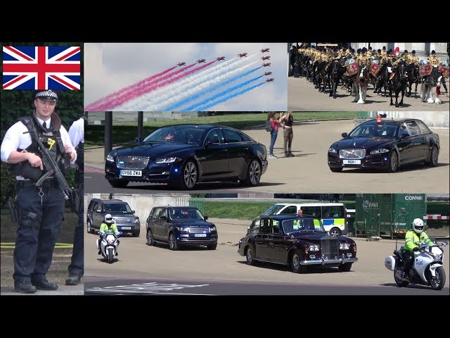 Police activity, convoys, escorts, military aircraft and horses during Royal event