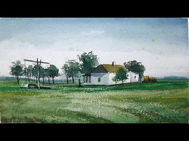 Farm - Watercolor Landscape Painting - By Vamos