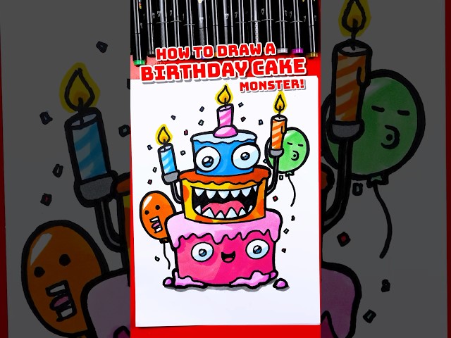How to draw a funny birthday cake monster #artforkidshub #howtodraw