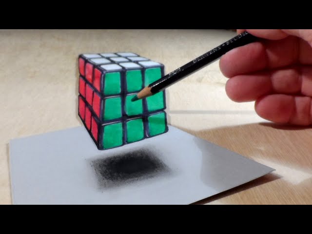 Drawing Floating Rubik's Cube - How to Draw 3D Rubik's Cube - Trick Art on Paper
