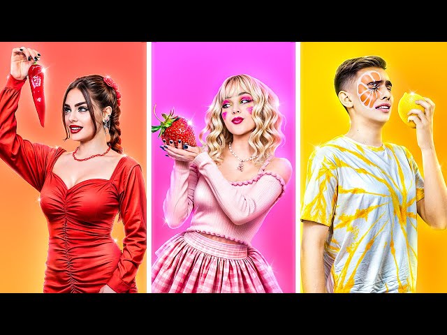 One Color Fruit Makeover Challenge! Pink vs Red vs Yellow Girls!