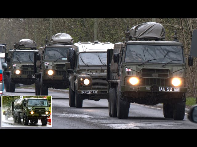 British Army trucks pulling field guns and travelling in utility vehicle convoys 🪖