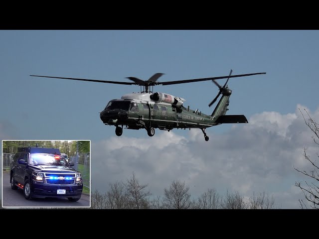 Marine One departing hospital with President Biden and fleet of helicopters