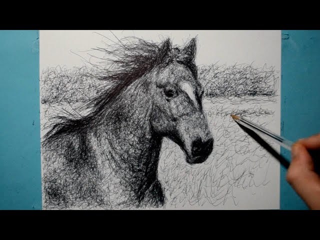 Horse Drawing / Cool Technique With a Ballpoint Pen / Scribble Art Therapy / Day 032