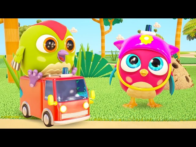 A toy fire truck for kids. Cartoons for babies in English. Hop Hop the Owl & baby toys.