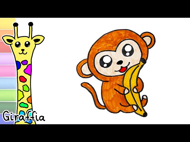 Little monkey with banana drawing and coloring tutorial