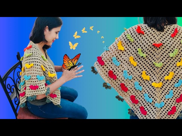 Chal de Mariposas Tejido en Crochet Butterflies Shawl