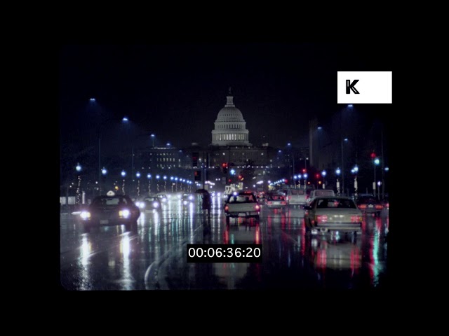 Rainy Washington DC at Night, 1980s USA, HD from 35mm