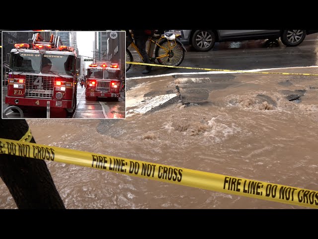 Burst hydrant causes some flooding during New York rain emergency 🌧️