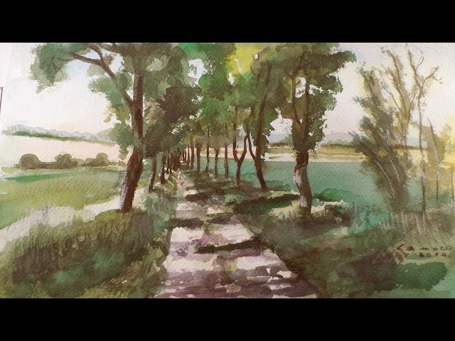 Watercolour Painting - Road With Trees  Landscape - By Vamos
