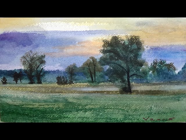 Dawn Landscape - Watercolor Painting Demo - By Vamos
