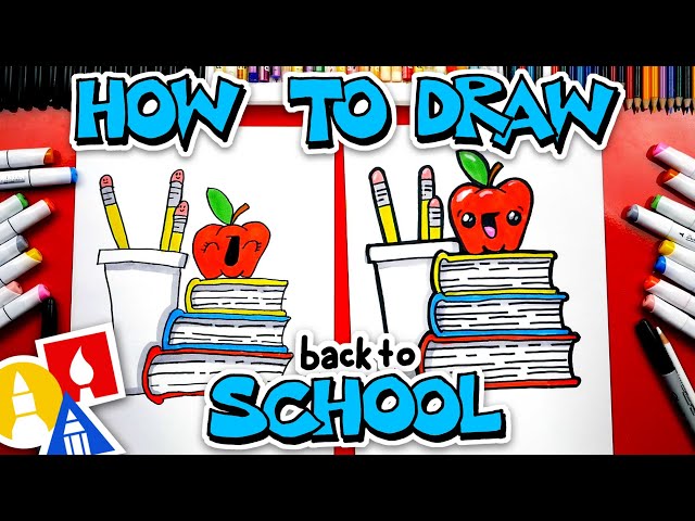 Back To School! How To Draw A Stack Of Books An Apple And Pencils
