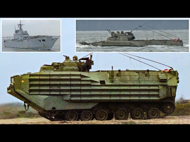Amphibious fighting machines drive through water during beach assault, warship visits UK 🏖️