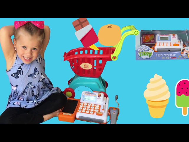 Playing with pretend and real food doing shopping  with Grow and Play cash register / Pretend play