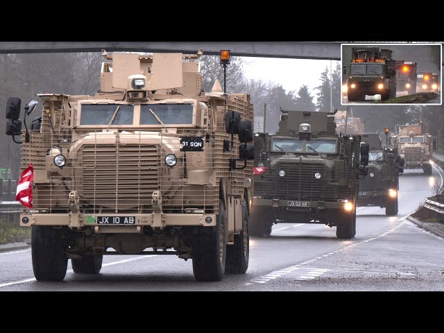 Protected army trucks convoy to Europe for NATO's Steadfast Defender 🪖 🇬🇧