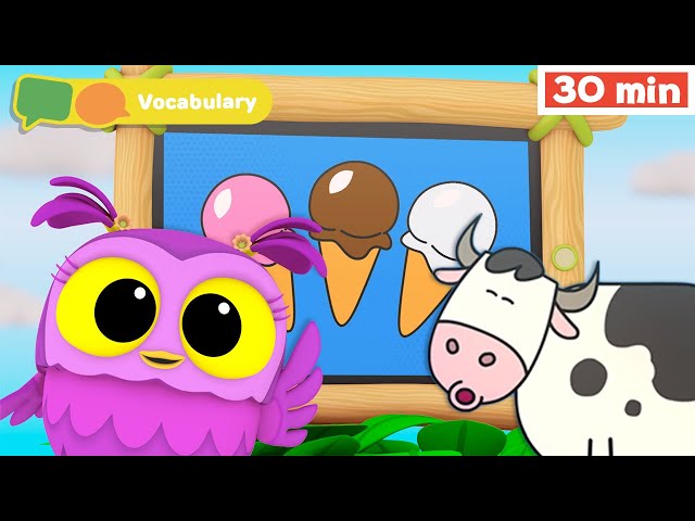 Hoot, Scoot & What | Learn Vocabulary for Kids | First Words | Cow | Ice Cream + | First University