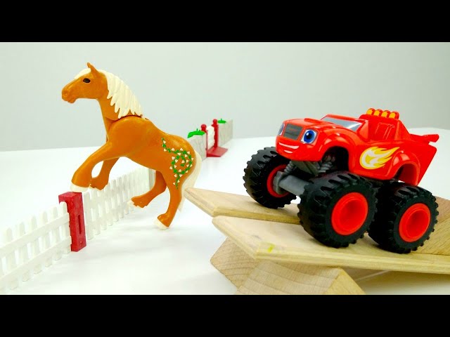 Toy Blaze and the Monster Machines toys. Toy trucks for kids & a toy horse: Who's faster?