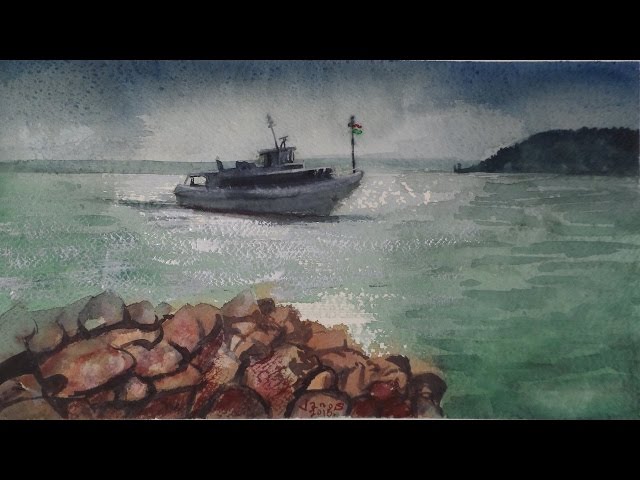 Ship on the Lake Balaton, Watercolour by Vamos