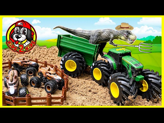 Tractors For KIDS 🚜 Playing on Dinosaur Farm with Tractors & Construction Trucks