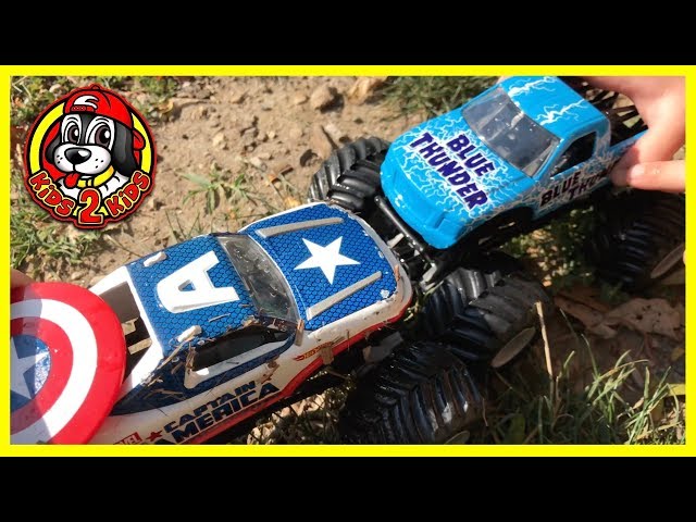 Hot Wheels Monster Jam Toy Trucks Playing & Racing - Blue Thunder & Captain America Play at the Park